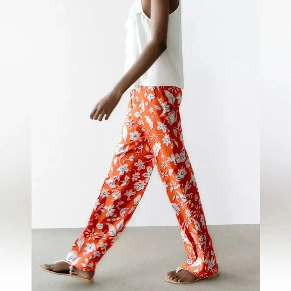 Zara Linen Blend Floral Printed Pants Trousers High Rise Wide Leg Size Small